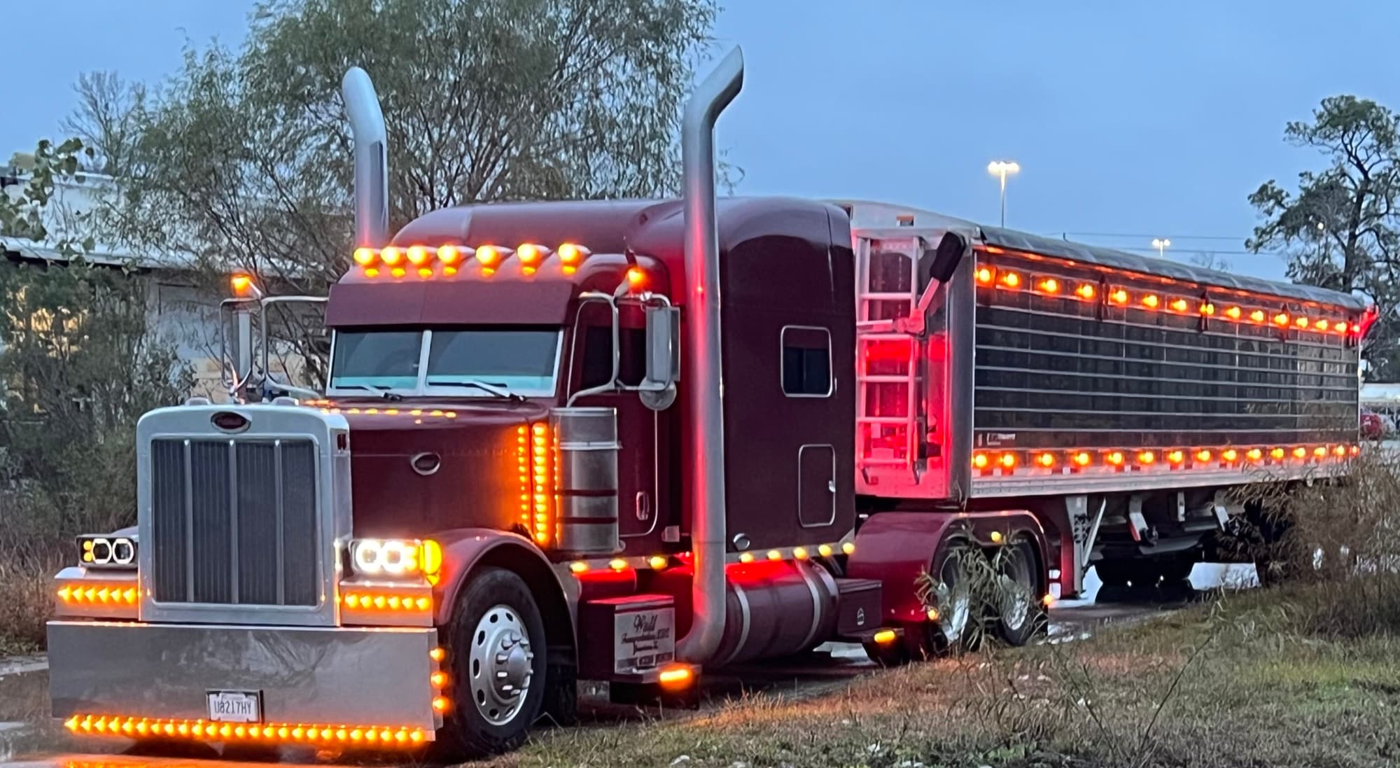 A Wall Transportation Peterbilt coupled to a tarped hopper bottom grain trailer at dusk, marker lights lit.