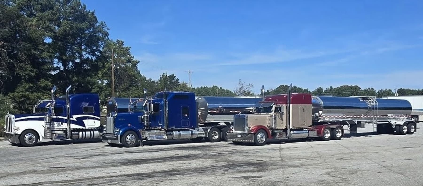 Wall Transportation power units lined up with polished stainless food-grade tank trailers.